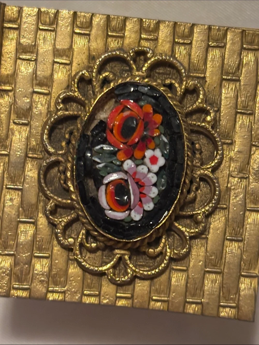 Gold Toned Floral Micro Mosaic Trinket Ring Box